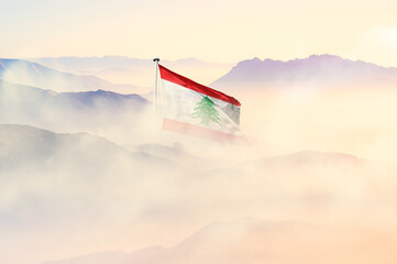Lebanon flag disappears in beautiful clouds with fog.