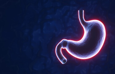Fototapeta premium Neon glow human stomach on blue background. Human stomach pain concept. 3d-rendering