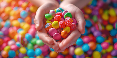 Young woman holding colorful chocolate drops over gray background. Close-up. 