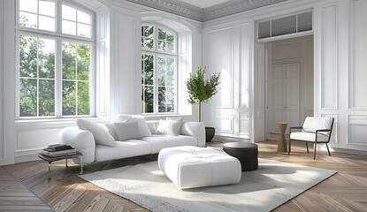 Fototapeta premium Modern living room interior with a white sofa and armchair near a window on a wooden floor in a minimalist home design