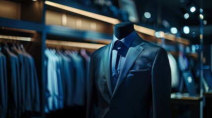 A dark navy blue mens suit displayed on a mannequin in a clothing store. Generative AI