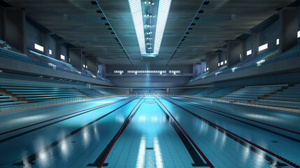 Obraz premium A spacious, empty indoor Olympic swimming pool with bright lighting and clear blue water, ready for a swim meet or training. 