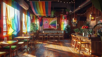Obraz premium LGBTQA+ , LGBT : Rainbow Pride: Tranquil LGBTQA+ Venue Adorned with Vibrant Decorations | Canon EOS K5 85mm Photorealism