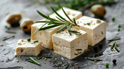 Pieces of delicious tofu with rosemary and olives 