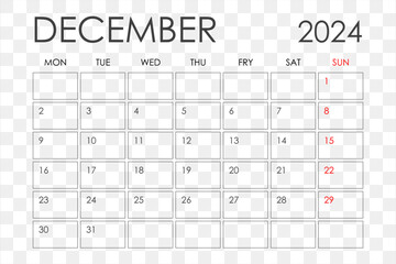 Calendar for December 2024. The week starts on Sunday.