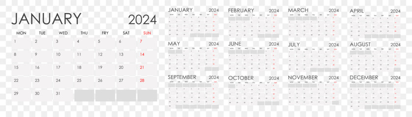 Calendar 2024. Calendar 2024 week starts Sunday. Set of ready to print monthly pages. Corporate minimal clean design 2024 calendar