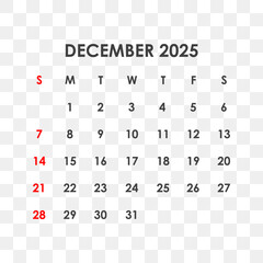 Calendar for December 2025. The week starts on Sunday.