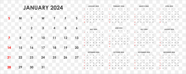 Calendar for 2024. The week starts on Sunday. Set for 12 months.
