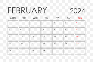 Calendar for February 2024. The week starts on Sunday