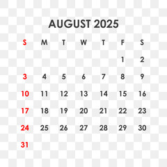 Calendar for August 2025. The week starts on Sunday.
