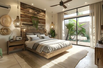 Modern bedroom with wooden wall and large windows
