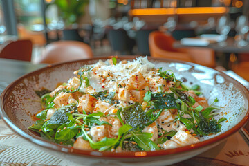 Japanese-Italian Caesar salad with nori sheets and parmesan in an elegant restaurant. Combination of traditional Italian and Japanese cuisine, trendy food