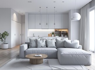 Modern living room interior with a grey sofa and wooden shelf, a kitchen in the background 