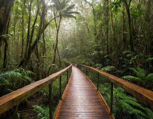 Obraz premium wooden bridge in the forest, Tranquil Timber Trail