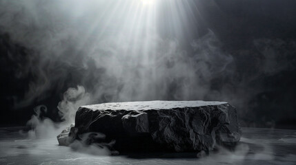 The black pedestal stands against a stone wall, surrounded by light white smoke, which gives it an aura of mystery. The light beam focuses on the base, emphasizing its prestigious character.