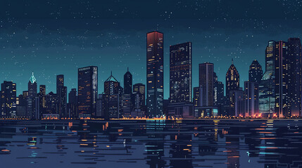 Nighttime city skyline with reflection in water, comic book style