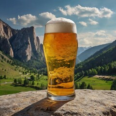 
glass of beer on top of a rock with a beautiful view