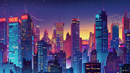 Vibrant city skyline at night in comic book style