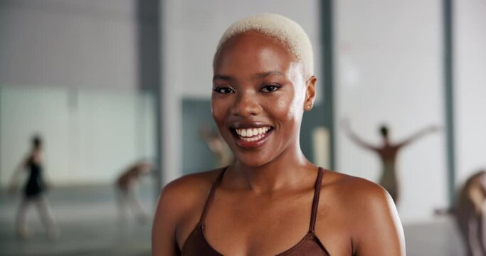 Ballet, dance and smile with black woman in studio at practice or rehearsal for art or creative. Dancer, performance and portrait of happy student ballerina in class for professional theater training