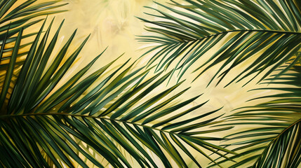 Fototapeta premium A tranquil setting with palm branches in the background, where delicate leaves gently sway in the wind.