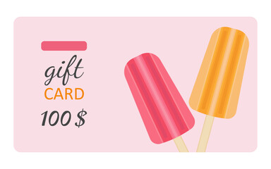 Gift card pink with text for summer. Red strawberry and orange fruit ice cream pink background. Vector cartoon illustration. Certificate for 100 dollars. Voucher for the purchase of goods. Summer time