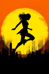 A silhouette of a woman in mid-jump against a vibrant orange and yellow sunset, with a city skyline below