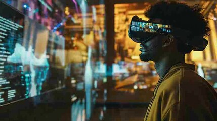 Obraz premium People using AR glasses to explore an American museum, with interactive exhibits and information overlays, in a vibrant, engaging style. --ar 16:9 --style raw