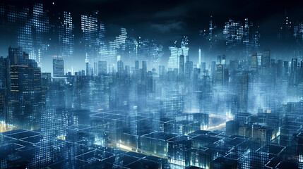 Fototapeta premium A futuristic cityscape at night, illuminated buildings and grids create a complex, digital, and mysterious atmosphere
