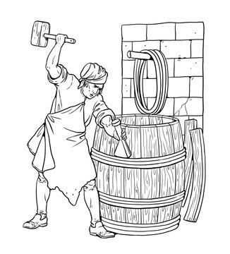 Drawing of a medieval cooper at work. Journeyman cooper makes a large barrel.