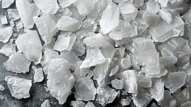 Top view of Sodium Hydroxide pellets scattered on a white surface, isolated background, studio lighting
