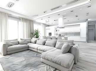 Modern living room interior with sofa and kitchen in background stock photo, natural light, light gray color theme
