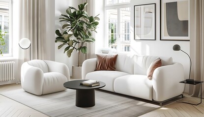 Fototapeta premium Modern living room interior with a white sofa and armchair near a window on a light parquet floor in a minimalist home design, with a black coffee table lamp