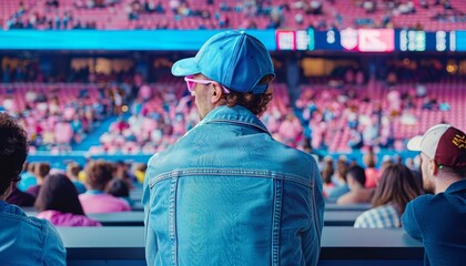 A sports fan at a stadium using augmented reality to access player stats and game playbacks in realtime