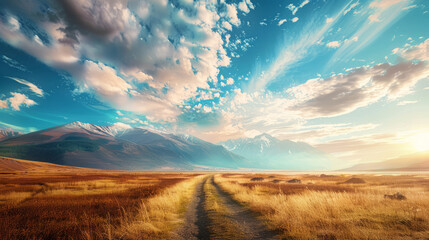 Scenic landscape with dirt road and mountains under a cloudy sky - Powered by Adobe