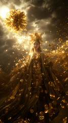 there is a woman in a golden dress and a sunflower