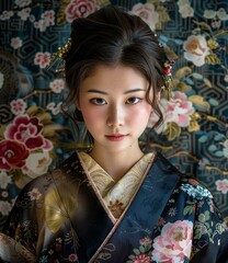 Japanese Woman in Traditional Kimono with Floral Pattern