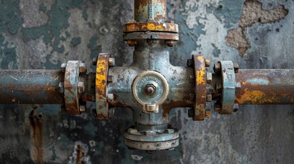 Macro shot of a heating valve attached to water pipes, highlighting the textures of the metal and the concrete wall behind it