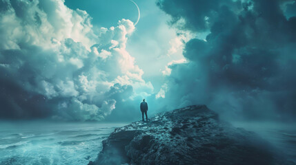 Solitary figure standing on cliff edge under dramatic sky