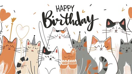 Cute cats with party hats and festive decorations celebrating a happy birthday, perfect for greeting cards or fun birthday postings.