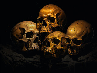 three gold skulls are sitting on a black surface