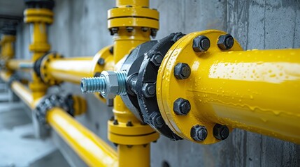 Detailed view of a yellow gas pipe installation, focusing on the pipe clamps and brackets securing it to a concrete wall