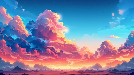 Soar through a vibrant cartoon skyscape. detailed vector illustration features fluffy clouds in a flat design. brought to life with incredibly sharp. photorealistic textures