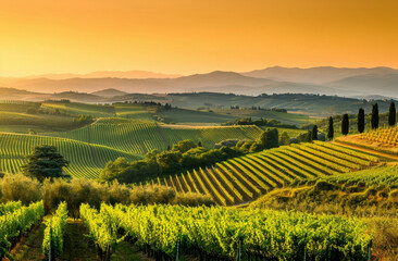 Fototapeta premium Beautiful Sunset Sky in Napa Valley Wine Country on Spring Vineyards , Mountains.