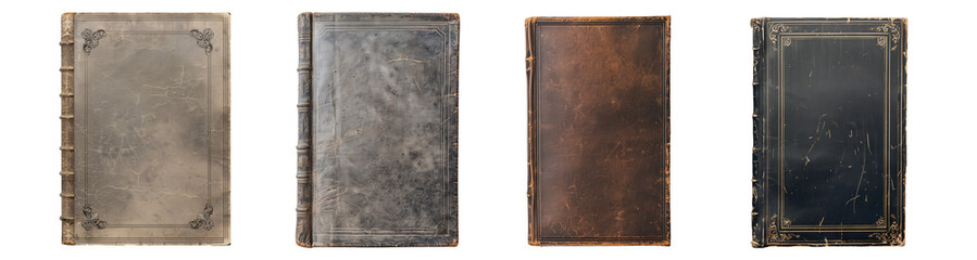 Fototapeta premium Mockup of isolated books with blank black and brown cover on a transparent background. Set of 4 classic antique old books in front view and isometric view.