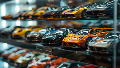 there are many toy cars on a shelf in a store