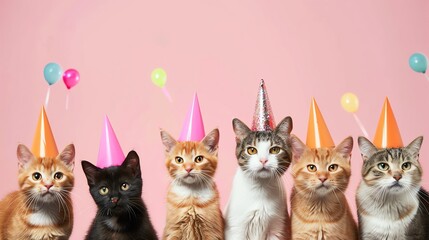 Six adorable cats celebrate with festive party hats against a pink background. Perfect for birthday or celebration-themed content.