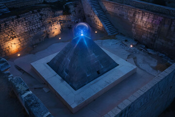 Aerial view of lit pyramid with mystical aura in ancient ruins