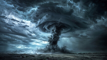 Dramatic tornado formation in stormy dark sky landscape
