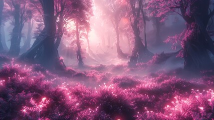 An alien landscape illuminated by the soft glow of bioluminescent plants, creating an ethereal and dreamlike environment. The minimalistic digital artwork highlights the surreal scenery with a