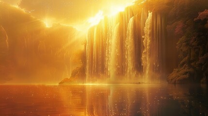 A mystical world where cascading waterfalls of light flow into serene, reflective pools. The minimalistic approach in this digital illustration captures the tranquility and surreal nature of the